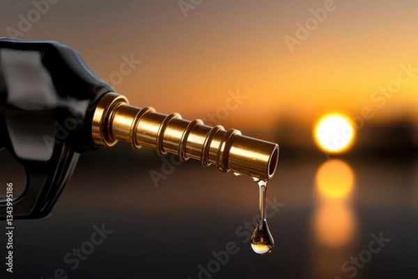 Fototapeta Close-up of a fuel nozzle with gasoline dripping at sunset, symbolizing energy and transport.