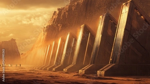 Fototapeta Futuristic alien wall stretches across a desolate, sun-drenched desert landscape.