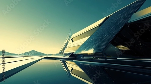 Fototapeta Futuristic architecture building complex, reflecting in water, with solar panels,