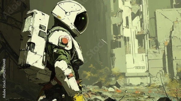 Fototapeta Futuristic astronaut explores a post-apocalyptic cityscape.