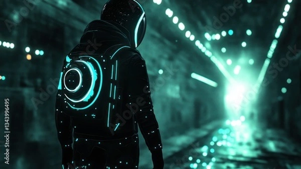 Fototapeta Futuristic astronaut exploring a dark tunnel lit by glowing turquoise light.