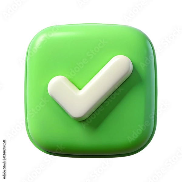 Fototapeta Green Rounded Square Icon with White Checkmark, 3D Render, Glossy Finish


