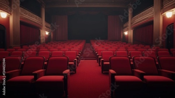 Fototapeta Elegant Red Theatre Seats in Empty Auditorium Ready for Intimate Performance or Movie Screening Night