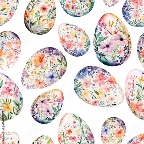 Fototapeta Colored watercolor Easter eggs with flowers on white background.  Easter seamless pattern, vector illustration.  Texture for fabric, wrapping, wallpaper, print