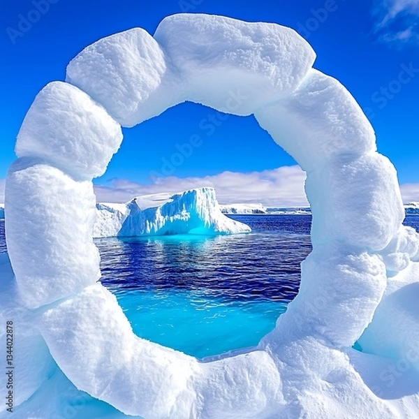 Fototapeta Teal Iceberg Framed by a Snow Circle in a Glacial Ocean