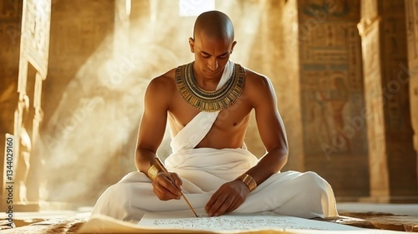 Obraz Sunlit Priest In Ancient Temple Writing On Papyrus