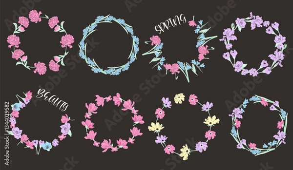 Fototapeta  Set of gentle spring flowers wreaths. Vector illustration of floral round frames.