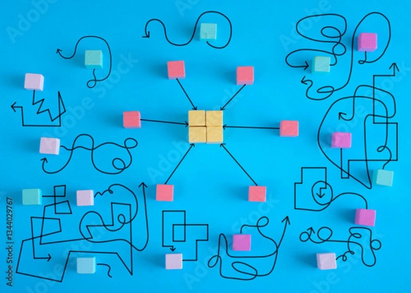 Obraz complex messy management, bureaucracy,red tape,organization and communication problems,business disruption, complicated business process