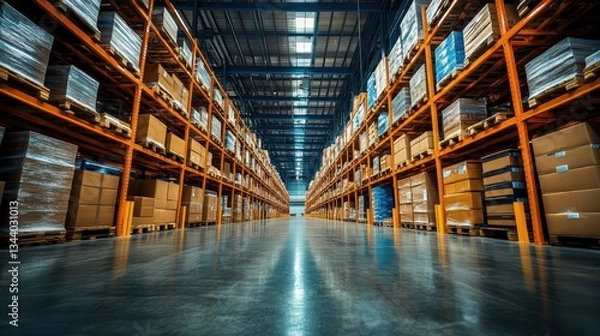 Fototapeta Spacious warehouse interior with tall racking systems and neatly stacked pallets. Perfect for logistics, storage, and industrial business themes.