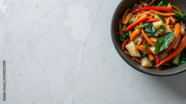 Fototapeta Fresh Colorful Vegetable Bowl with Basil on Light Concrete Surface