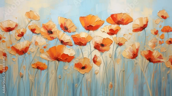 Fototapeta Vibrant abstract flowers create a captivating art piece with a serene blue background