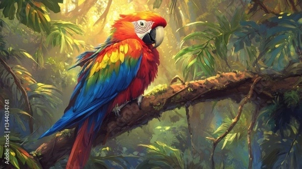 Fototapeta Scarlet Macaw on Tree Branch Lush Tropical Rainforest Sunlight Artistic Illustration