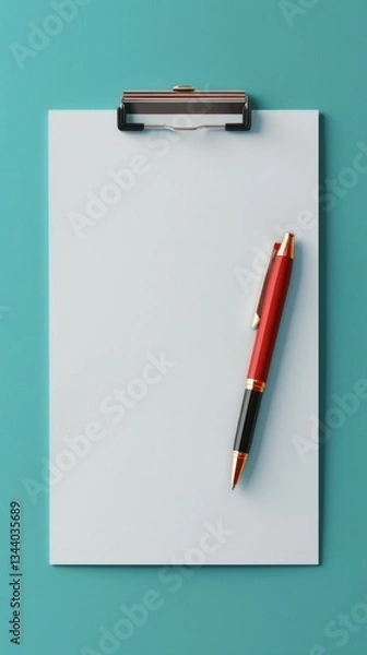 Fototapeta Blank clipboard with pen on teal background