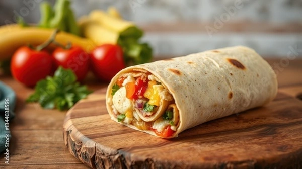 Fototapeta Flavorful Breakfast Wrap with Vegetables and Eggs on Wooden Board