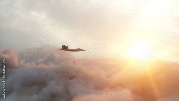 Obraz Military fighter jet F-22 flying over clouds. Air force. 3d rendering.