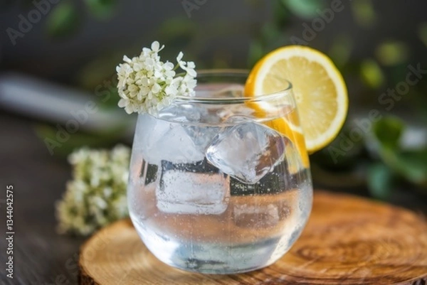 Fototapeta Refreshing drink garnished with lemon and white flowers placed on a wooden surface