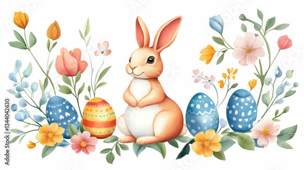 Obraz Easter bunny amidst spring flowers and decorated eggs; perfect for cards or springtime celebrations