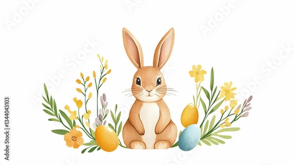 Fototapeta Easter bunny surrounded by spring flowers and colorful eggs; perfect for greeting cards or Easter promotions