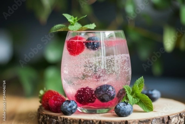 Fototapeta Refreshing sparkling berry mocktail served in a stylish glass with mint leaves on a wooden surface surrounded by fresh berries