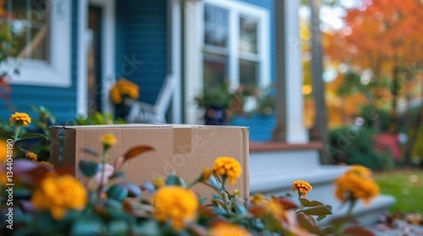 Fototapeta Contactless delivery service with a box on the front porch in autumn season