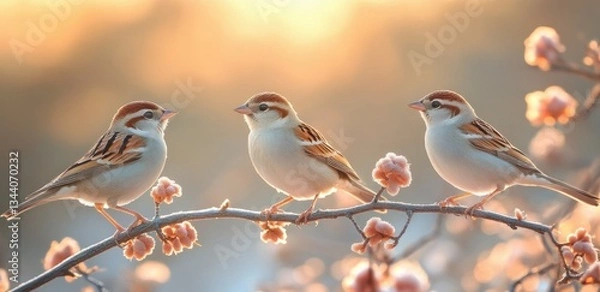 Fototapeta Five Sparrows Perched on a Branch in a Winter Garden Hunched Together