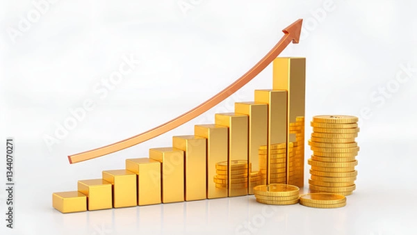 Fototapeta Golden bar chart with an upward arrow and stacks of coins on a white background illustration