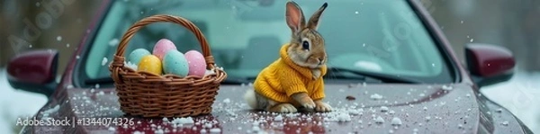 Fototapeta A cute bunny in a yellow sweater beside a basket of colorful eggs on a snowy car.