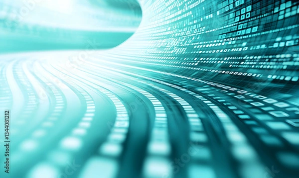 Obraz Abstract teal digital data stream; futuristic technology background showcasing flowing binary code, perfect for tech, AI, and innovation projects.