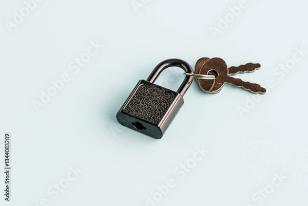 Fototapeta A lock with keys on a light blue background. Cope space.