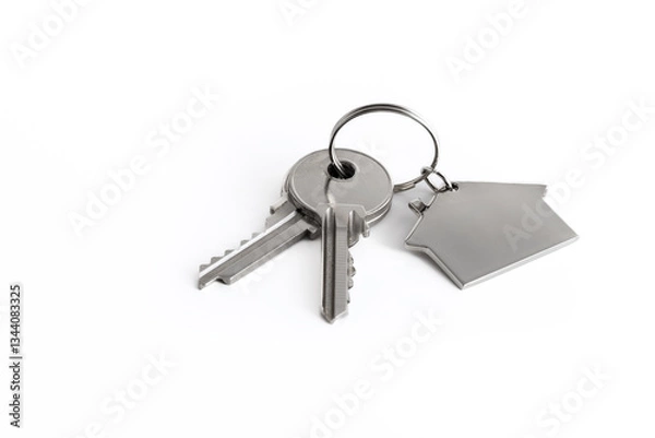 Fototapeta The house keychain and keys are highlighted on a white background. The concept of real estate transactions.