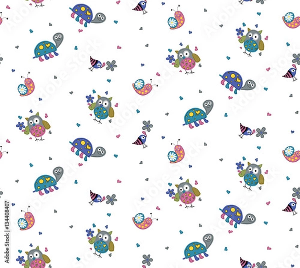 Fototapeta Cute animal vector pattern Owl Turtle Squirell Bird Heart