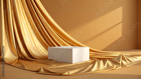 Fototapeta White cube on gold fabric backdrop with soft light creating a luxurious presentation scene for products