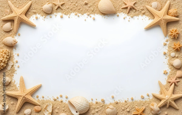 Fototapeta summer sea concept banner frame with sand shells and starfish. border on a white background.