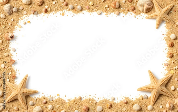 Fototapeta summer sea concept banner frame with sand shells and starfish. border on a white background.
