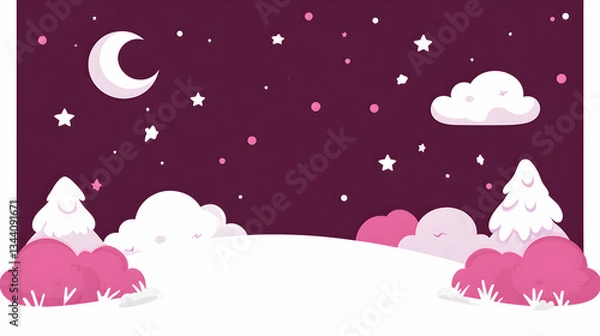 Fototapeta Serene winter night scene, whimsical illustration of snowy landscape under crescent moon and starry sky, pink bushes and trees.
