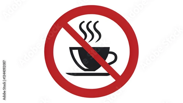 Fototapeta A red prohibition sign with a black cup of coffee and steam inside a white circle background