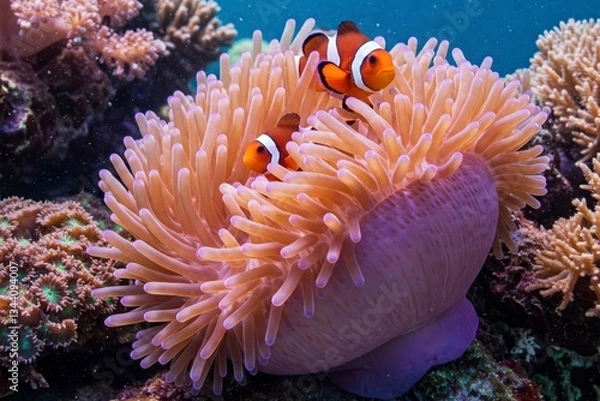 Fototapeta A vibrant clownfish (Amphiprioninae) swimming amidst the tentacles of a colorful sea anemone in a coral reef setting.

