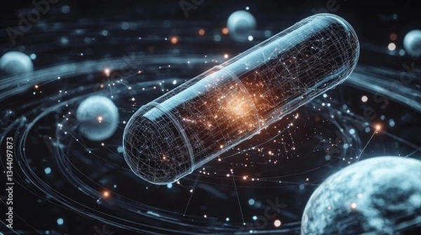 Fototapeta Futuristic pill in space, planets and data points, scientific concept image
