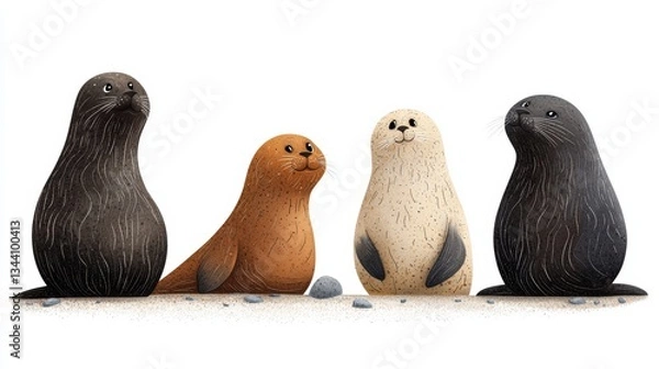 Fototapeta Four playful seals with varying colors pose together on a sandy beach, showcasing their unique features and charming expressions.