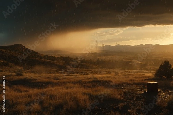 Obraz Dramatic Landscape with Dark Storm Clouds and Glowing Sunset Lights