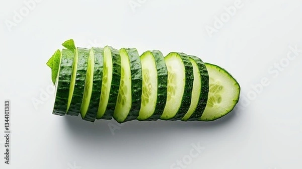 Fototapeta Fresh cucumber slices arranged neatly on a white background, perfect for salads, garnishes, and healthy dishes.