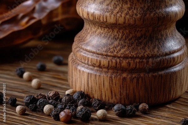 Fototapeta Close-Up of Wooden Pepper Mill with Spices on Rustic Surface