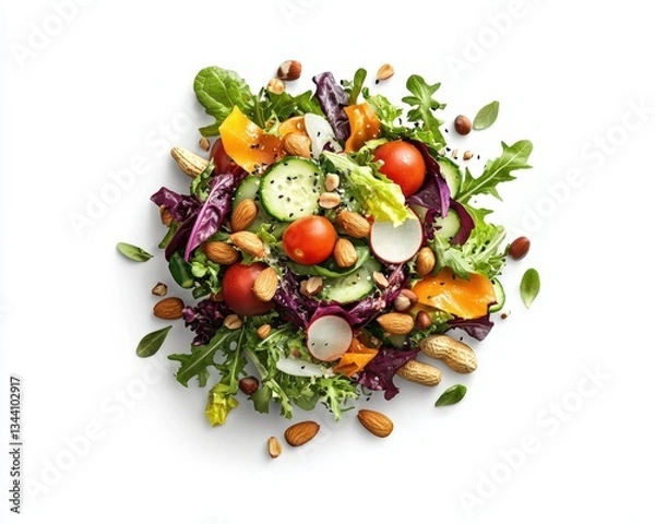 Fototapeta Fresh mixed salad with vibrant vegetables, nuts, and a colorful presentation, perfect for healthy meals and culinary photography.