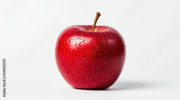 Fototapeta Fresh red apple with water droplets, showcasing vibrant color and texture, ideal for health or food-related designs.