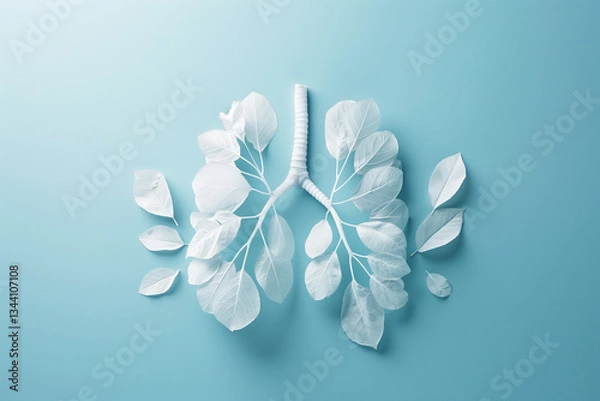 Fototapeta Healthy lungs made from white leaves, set against a clean blue background, highlighting the importance of lung health.