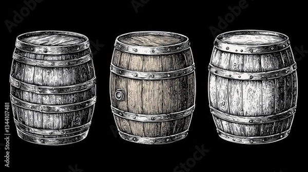 Fototapeta Three vintage wooden barrels with different textures and finishes on a black background