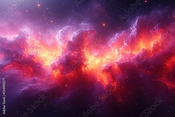 Fototapeta Cosmic Nebula Illustration Glowing in Red and Purple Hues with Stars and Gaseous Clouds in Deep Space