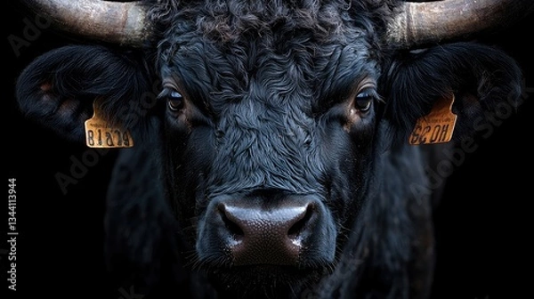 Fototapeta Close-up of a black cow with ear tags against a dark background, showcasing its features