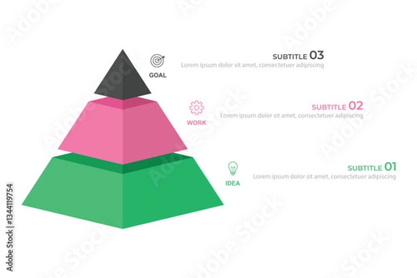 Fototapeta Triangle pyramid chart template with three colorful steps. Infographic diagram divided into three options with numbers.