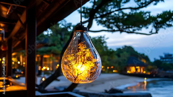 Fototapeta Hanging Lantern Illuminating a Peaceful Beachside Evening with Gentle Ocean Waves